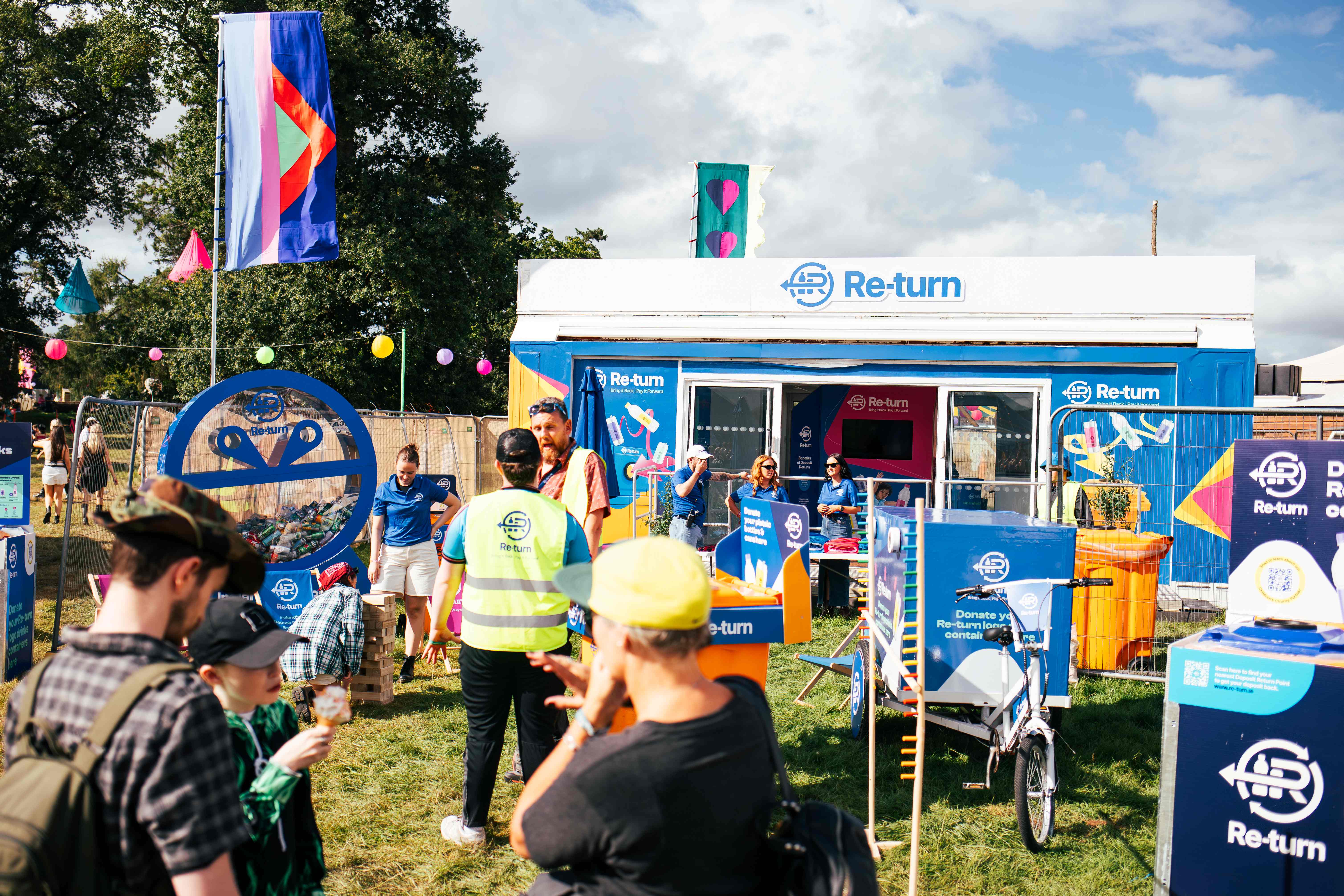 Outdoor festival scene featuring a 'Re-turn' booth with blue and white branding, flags, and banners. People in branded shirts engage with visitors around recycling bins, a bicycle cart, and informational displays, promoting a recycling initiative under a clear sky.